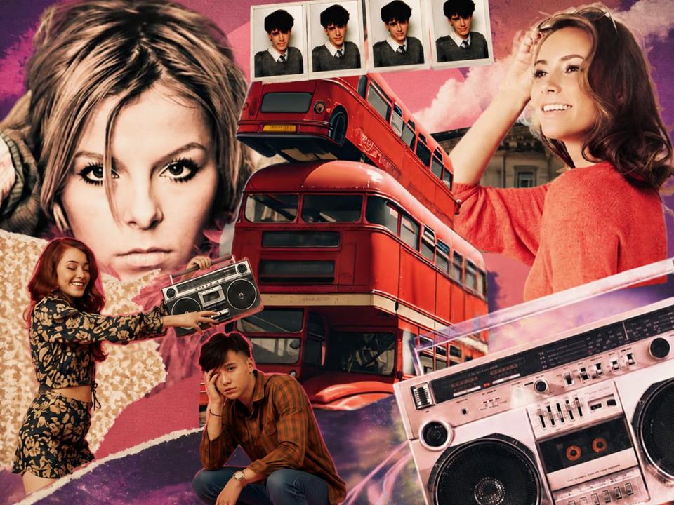 Collage of retro pop imagery: a red double-decker bus, boomboxes, school photo-booth strips, and young people in 1980s-style outfits against a pink and purple background