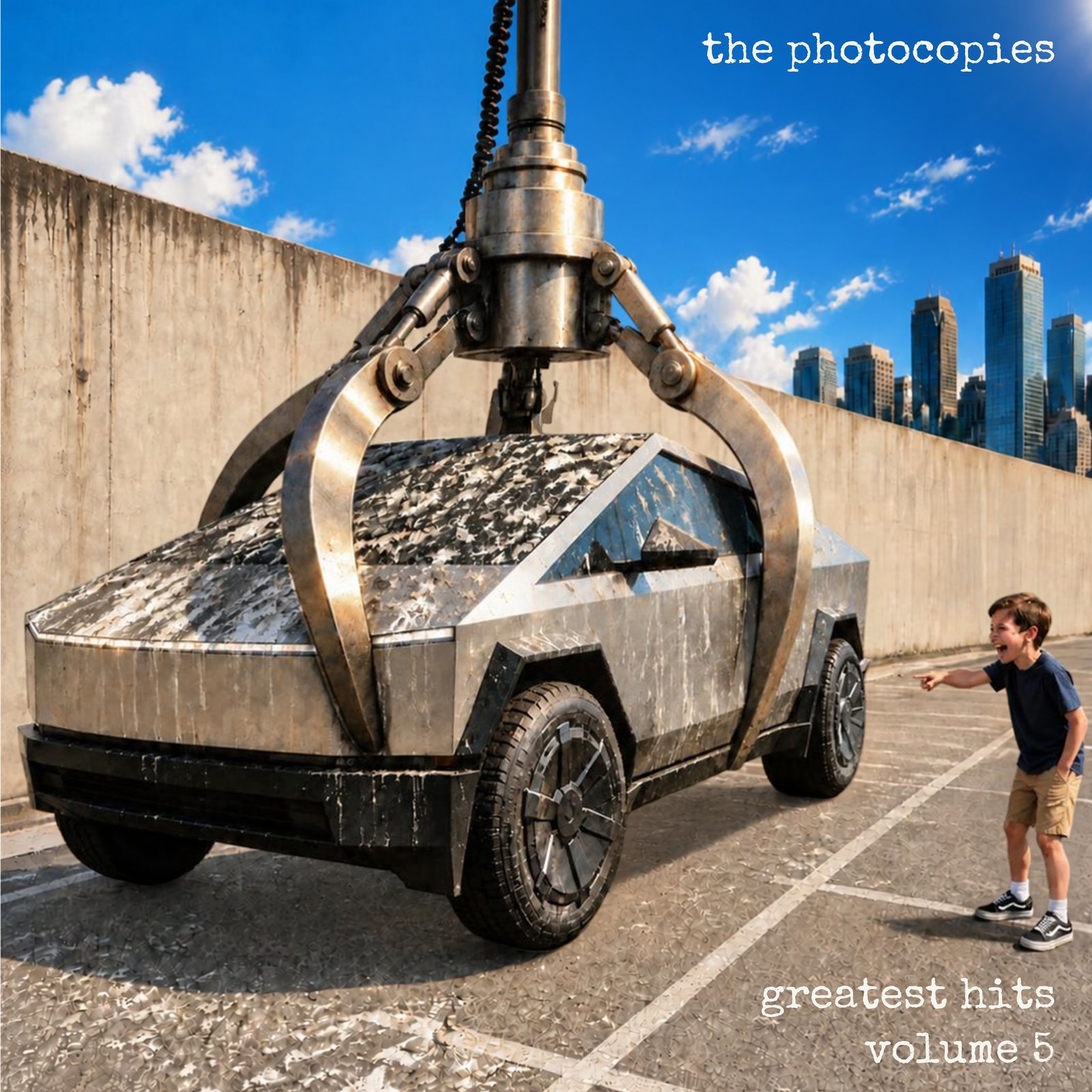 Cover art for Greatest Hits, Volume 5 by The Photocopies: a boy laughs and points at an angular metal truck dangling from a giant mechanical claw